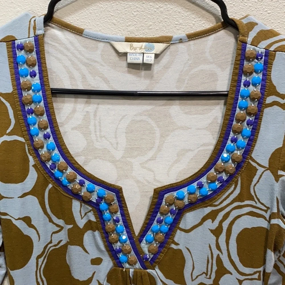 Boden‎ embellished neck jersey dress tunic blue brown